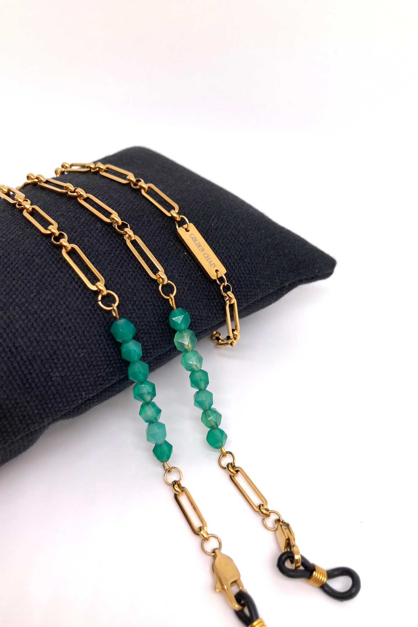 GOLDEN CHAIN | Chaînes pour lunettes et AirPods en acier inoxydable doré à l'or fin 18K sertie de deux rangs d'agate verte