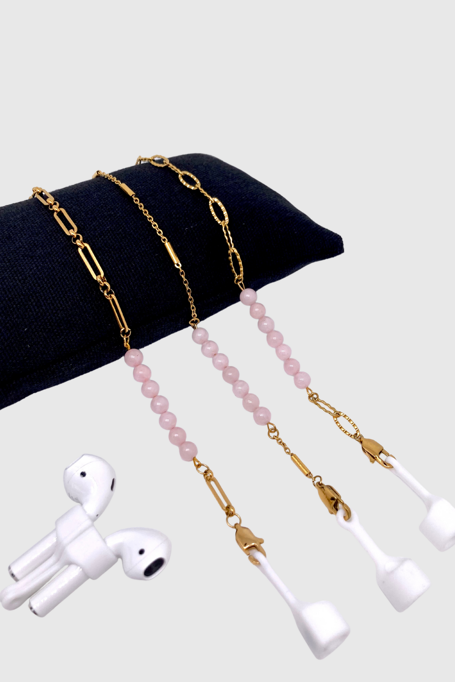 GOLDEN CHAIN | Chaînes pour lunettes et AirPods en acier inoxydable doré à l'or fin 18K sertie de deux rangs de quartz rose