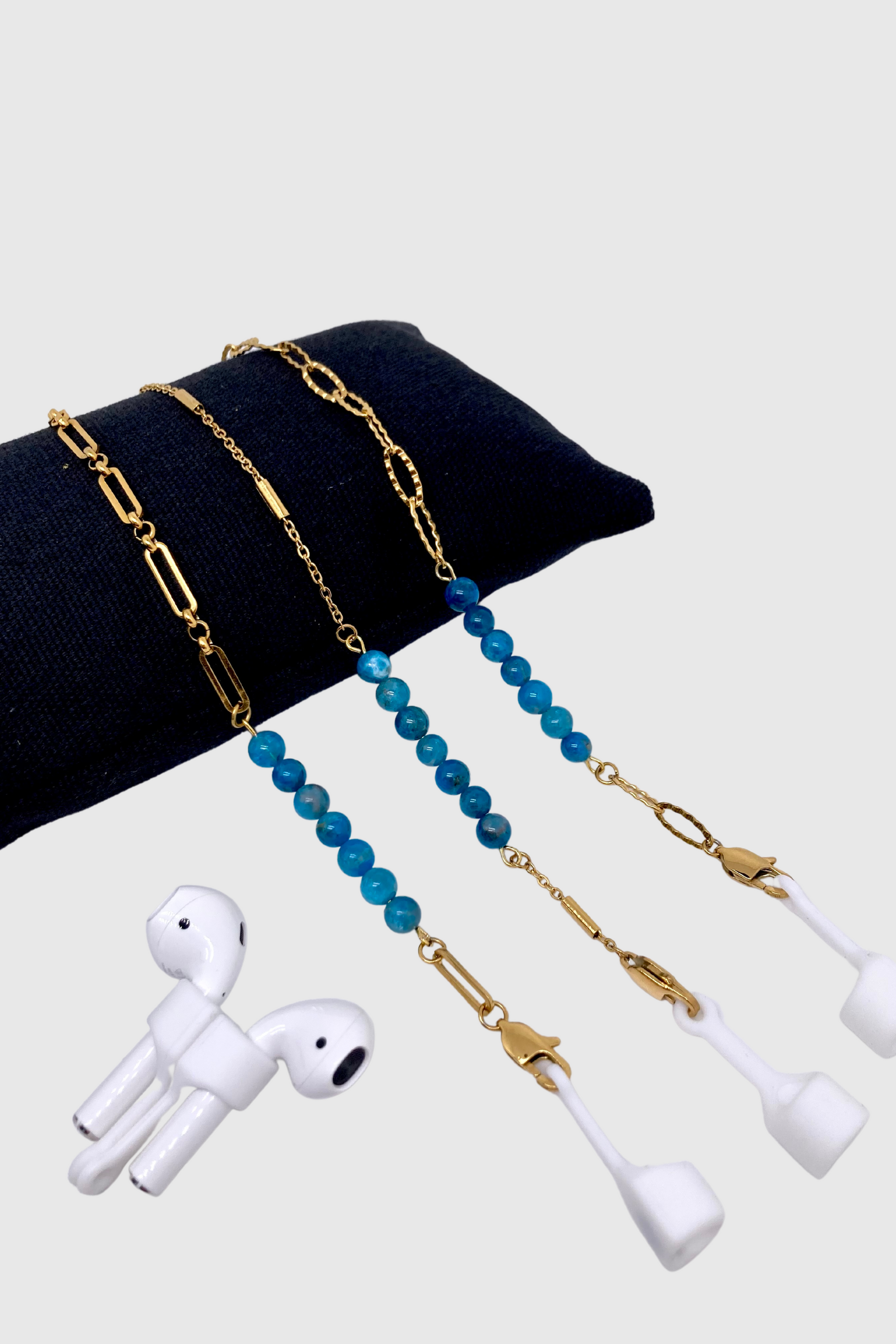 GOLDEN CHAIN | Chaînes pour lunettes et AirPods en acier inoxydable doré à l'or fin 18K sertie de deux rangs d'apatite