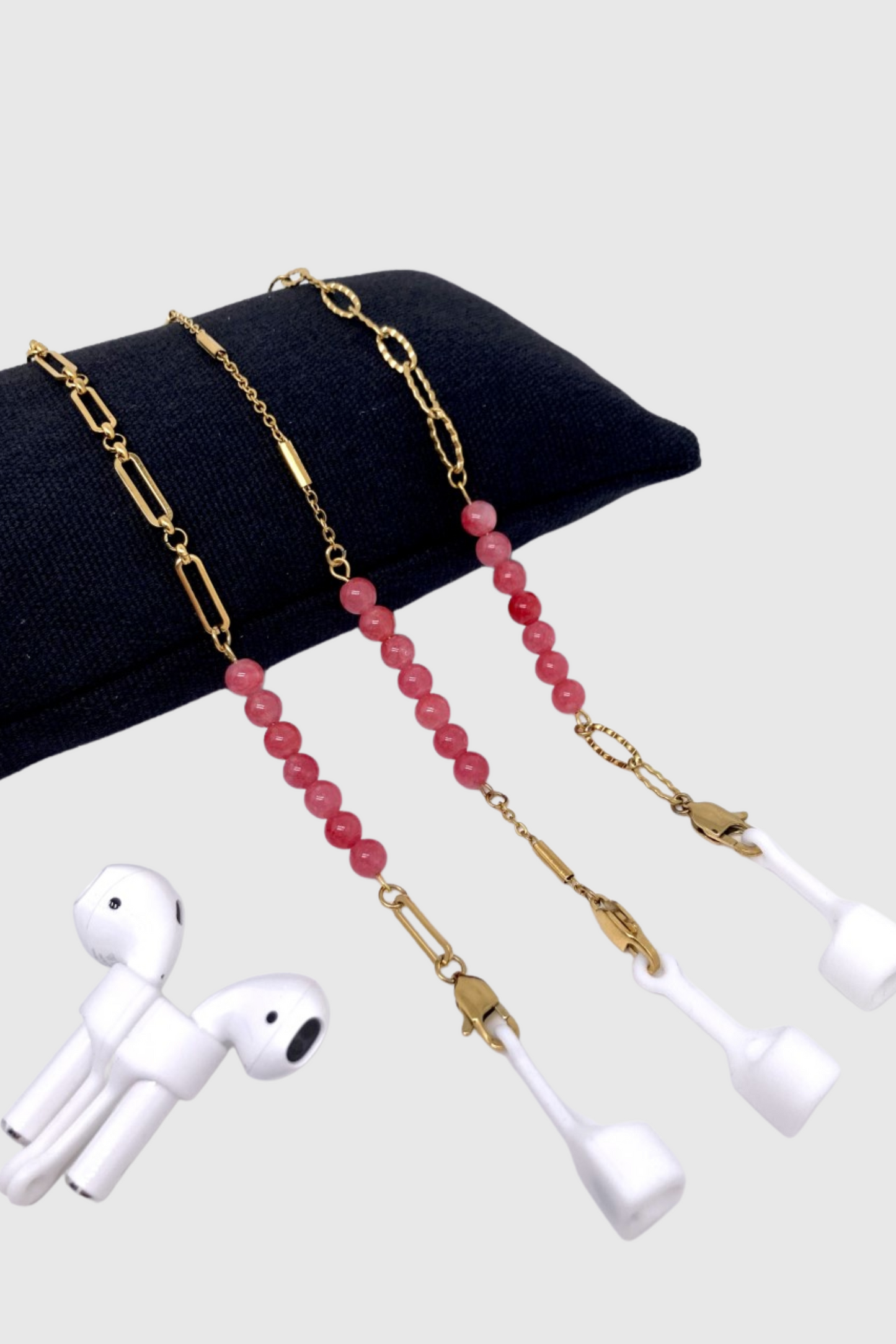 GOLDEN CHAIN - Chaîne pour AirPods ou lunettes en acier inoxydable doré à l'or fin 18K sertie de deux rangs de pierres de rhodochrosite