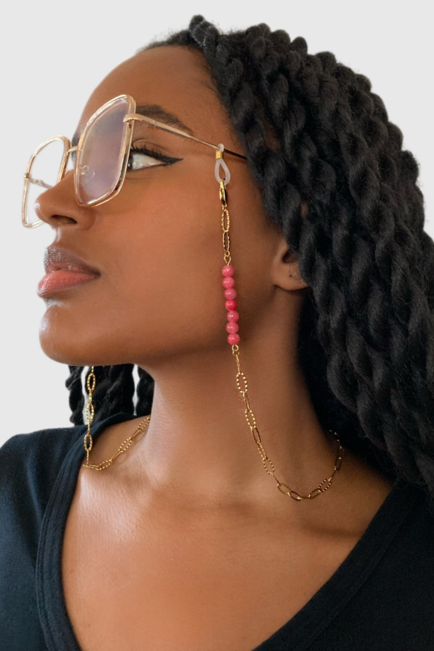 GOLDEN CHAIN - Chaîne pour AirPods ou lunettes en acier inoxydable doré à l'or fin 18K sertie de deux rangs de pierres de rhodochrosite