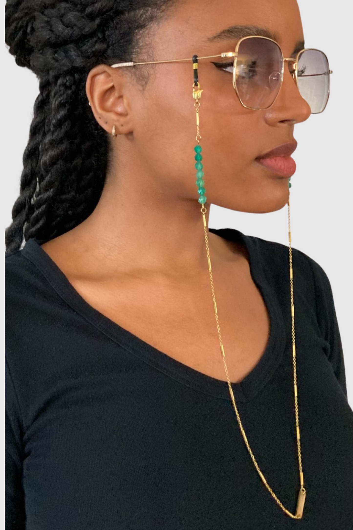 GOLDEN CHAIN | Chaîne pour AirPods et Lunettes sertie de deux rangs d'agate verte