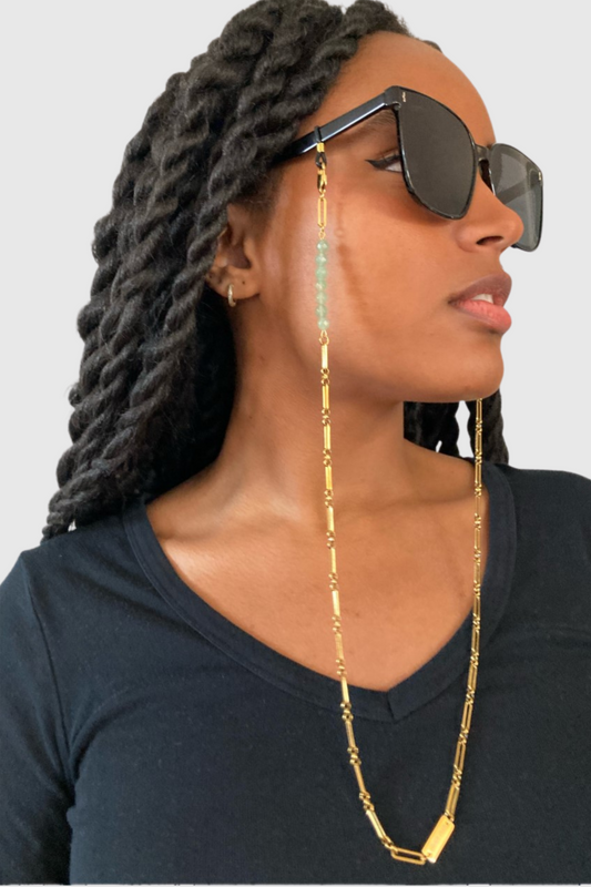 GOLDEN CHAIN | Chaînes pour lunettes et AirPods en acier inoxydable doré à l'or fin 18K sertie de deux rangs d'aventurine