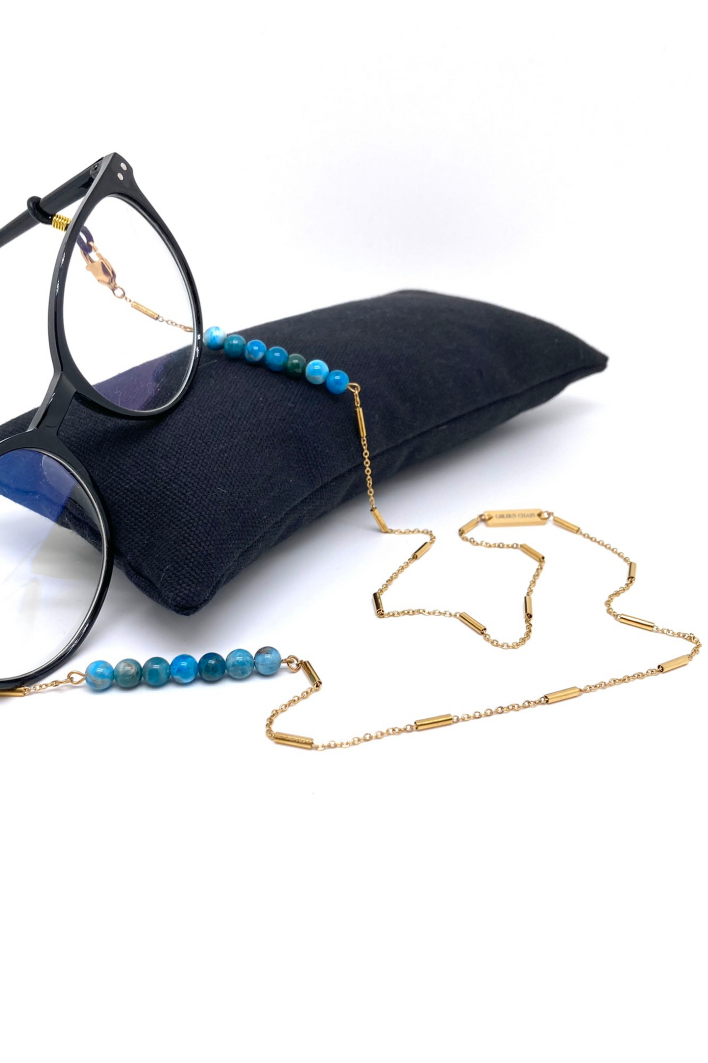 GOLDEN CHAIN | Chaînes pour lunettes et AirPods en acier inoxydable doré à l'or fin 18K sertie de deux rangs d'apatite