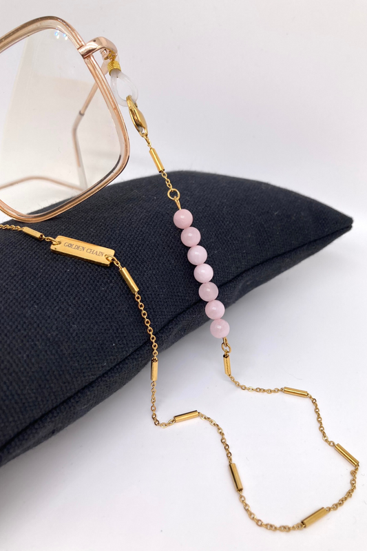 GOLDEN CHAIN | Chaînes pour lunettes et AirPods en acier inoxydable doré à l'or fin 18K sertie de deux rangs de quartz rose