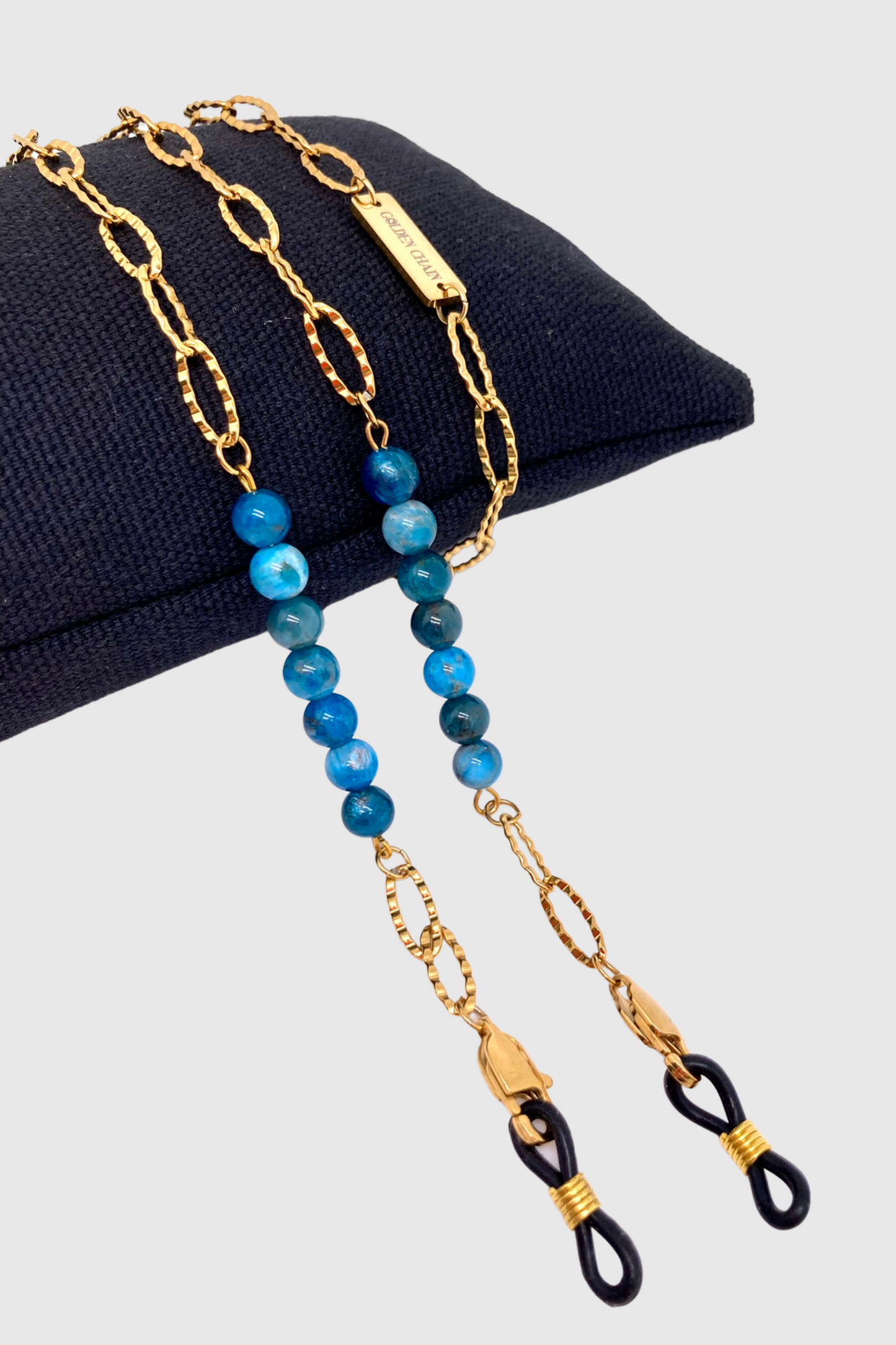 GOLDEN CHAIN | Chaînes pour lunettes et AirPods en acier inoxydable doré à l'or fin 18K sertie de deux rangs d'apatite