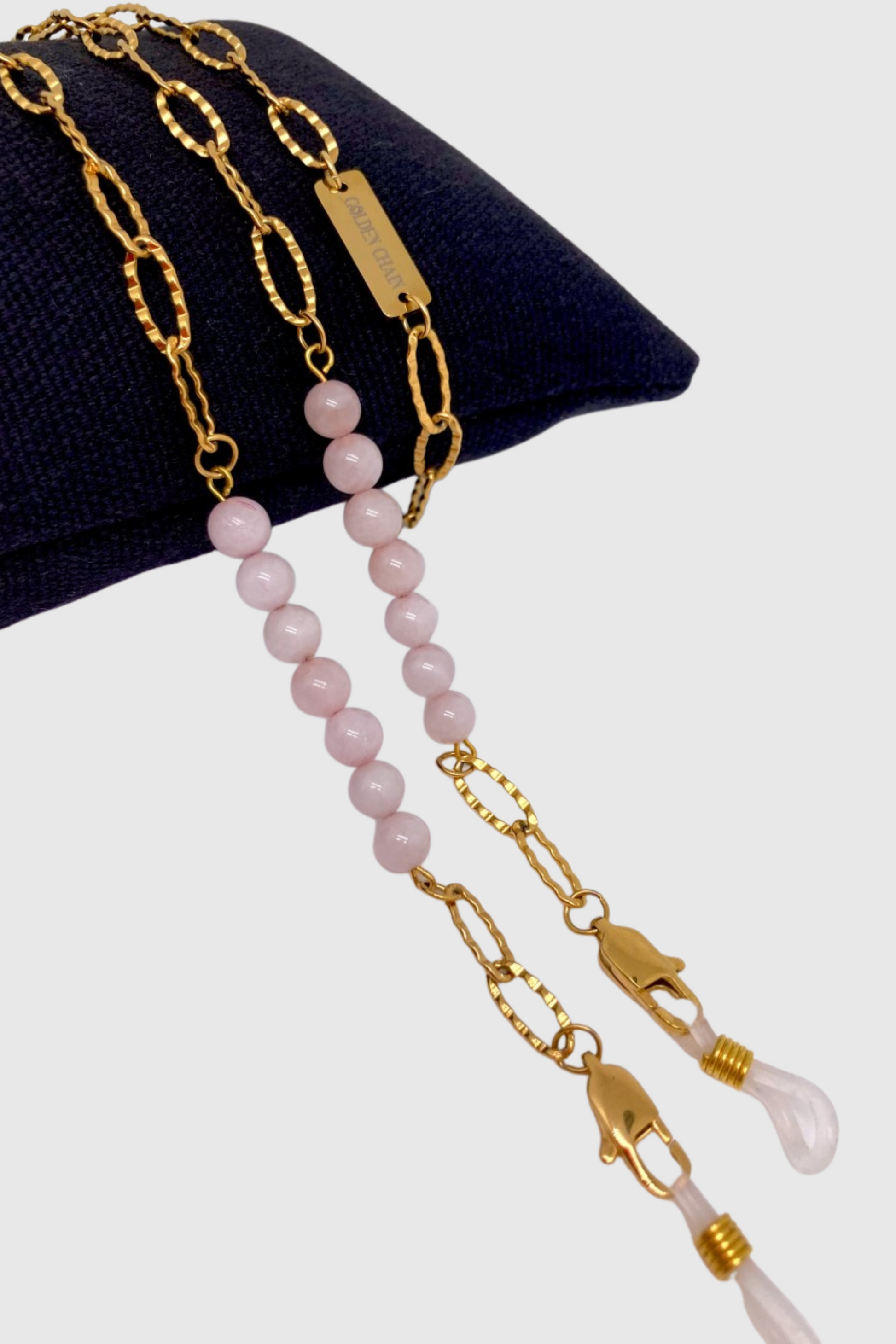 GOLDEN CHAIN | Chaînes pour lunettes et AirPods en acier inoxydable doré à l'or fin 18K sertie de deux rangs de quartz rose