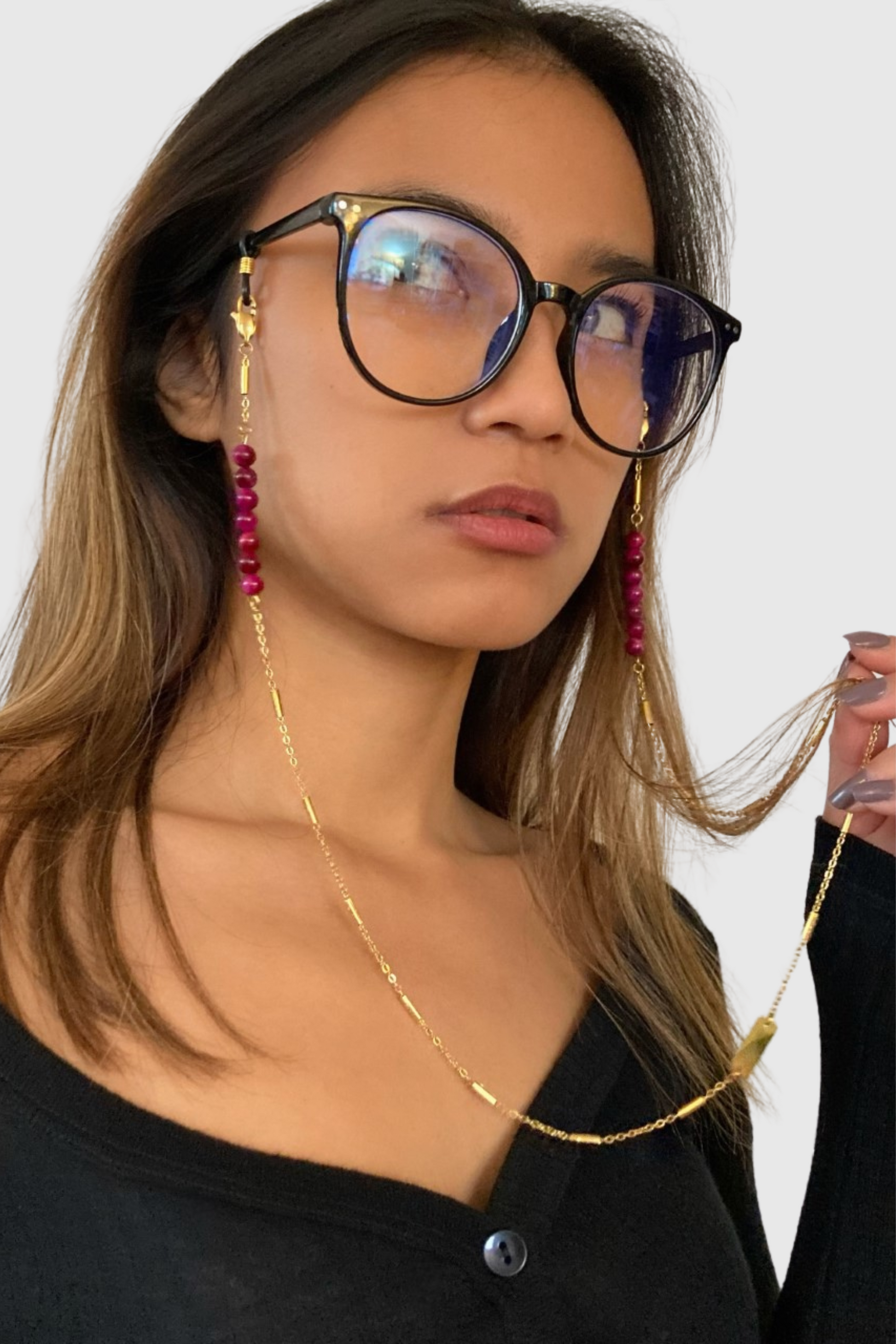 GOLDEN CHAIN | Chaînes pour lunettes et AirPods en acier inoxydable doré à l'or fin 18K sertie de deux rangs d'Oeil de Tigre