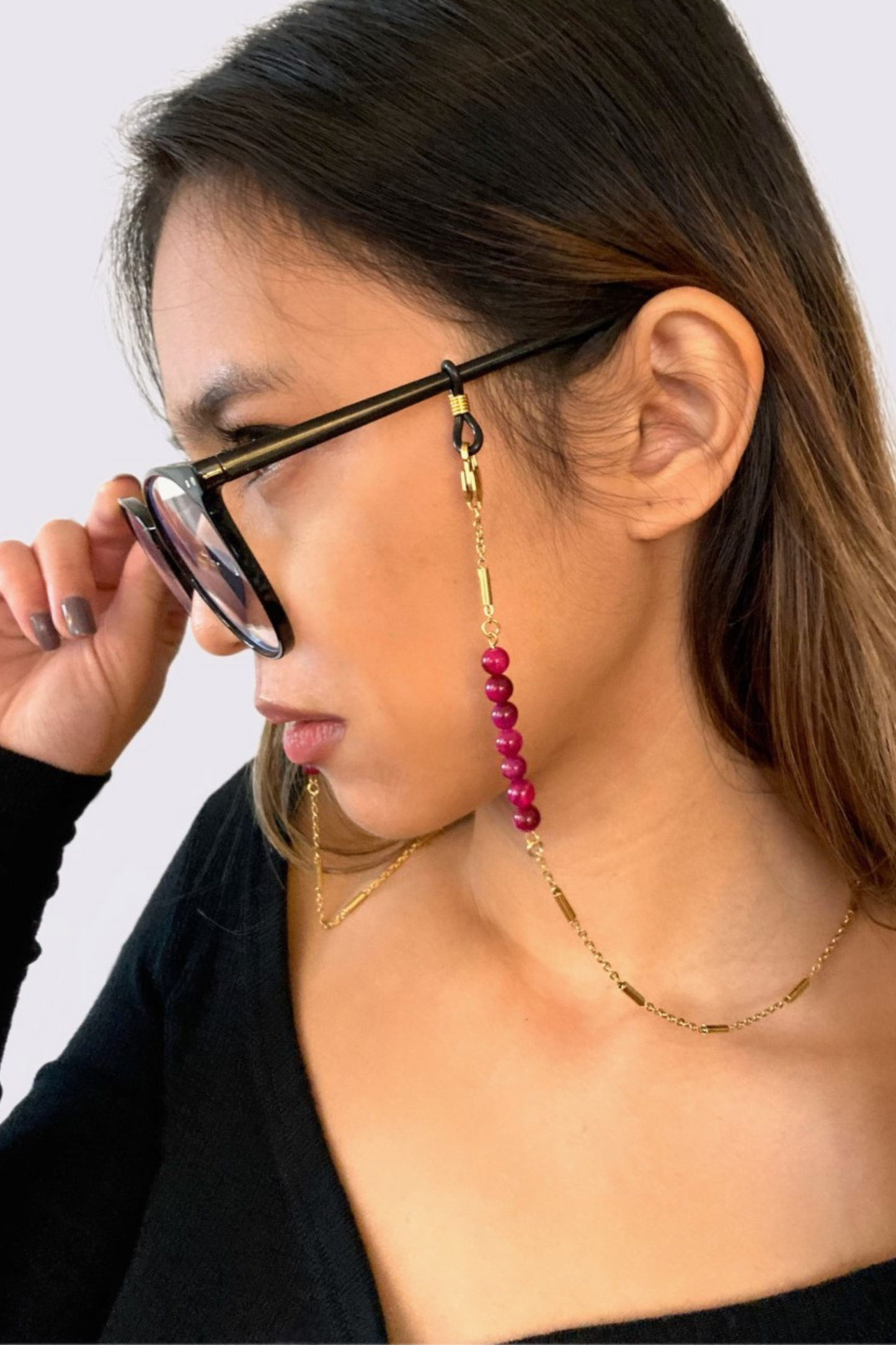 GOLDEN CHAIN | Chaînes pour lunettes et AirPods en acier inoxydable doré à l'or fin 18K sertie de deux rangs d'Oeil de Tigre