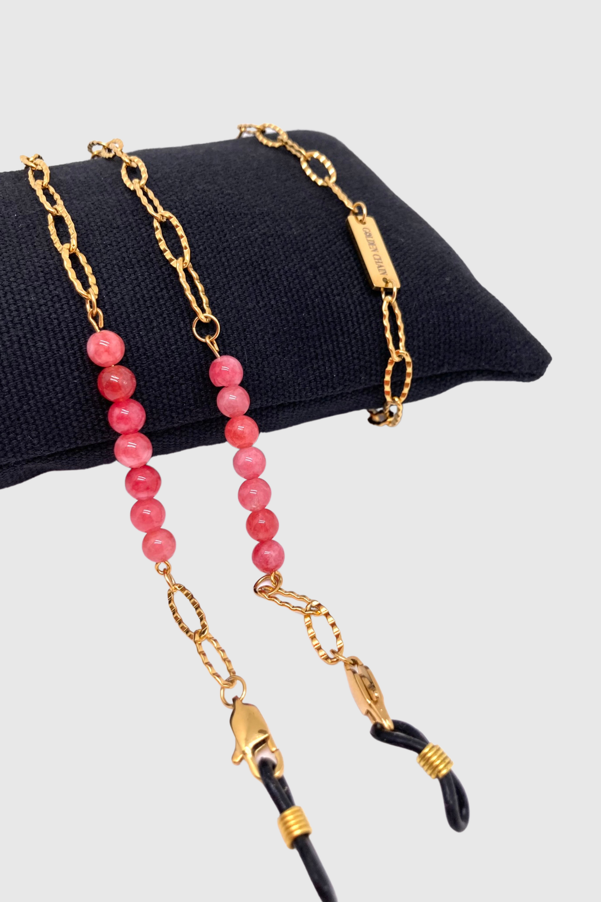 GOLDEN CHAIN - Chaîne pour AirPods ou lunettes en acier inoxydable doré à l'or fin 18K sertie de deux rangs de pierres de rhodochrosite