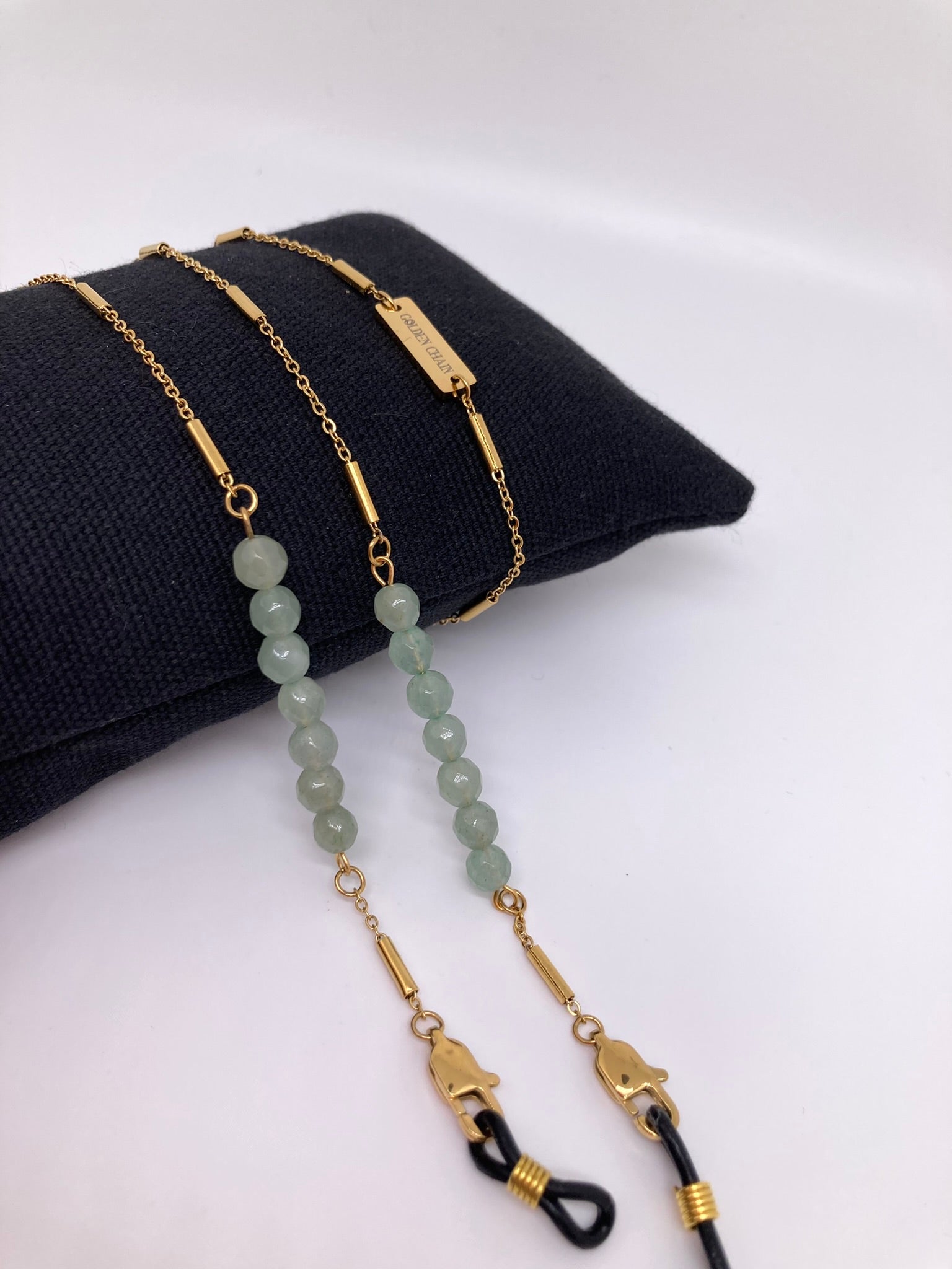 GOLDEN CHAIN | Chaînes pour lunettes et AirPods en acier inoxydable doré à l'or fin 18K sertie de deux rangs d'aventurine